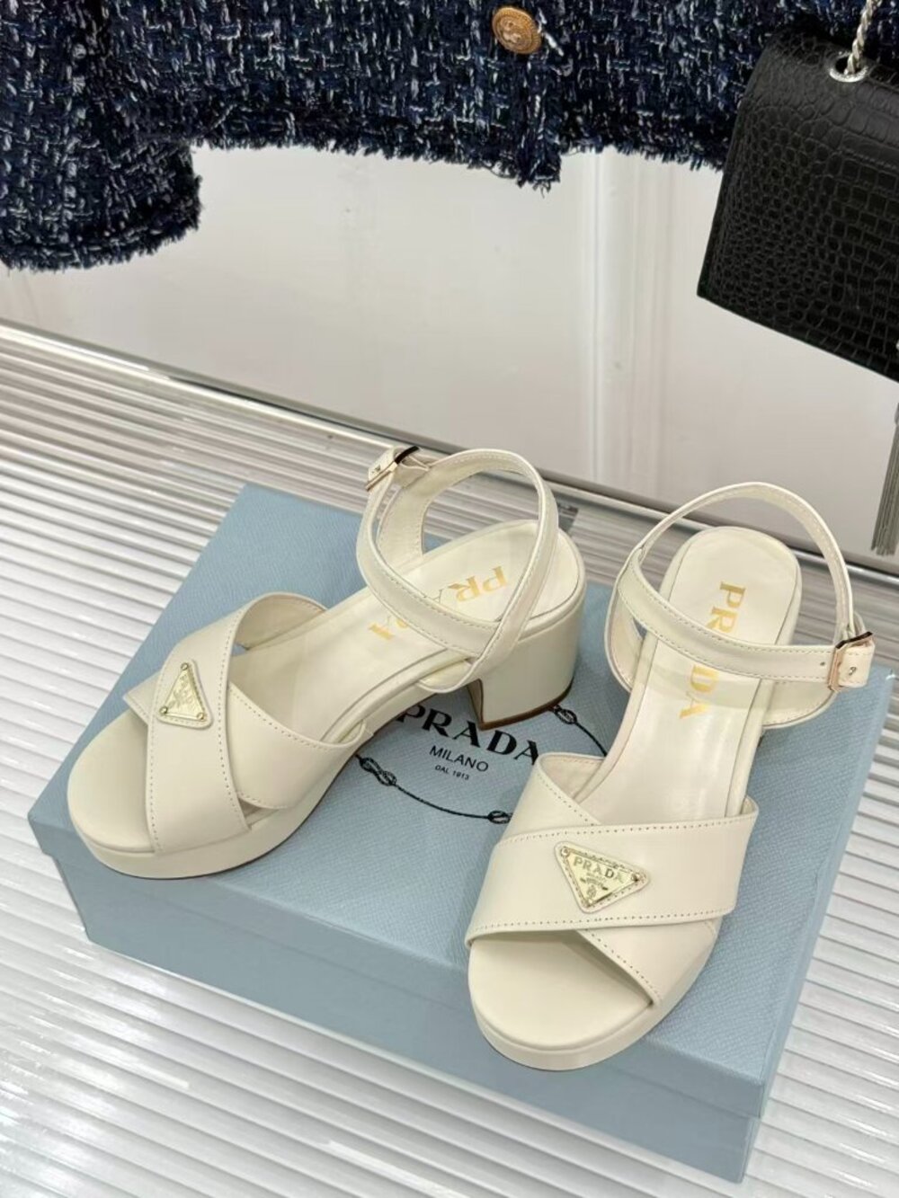 Prada White Crisscross Platform Sandals Triangle Logo Ankle Strap Heels